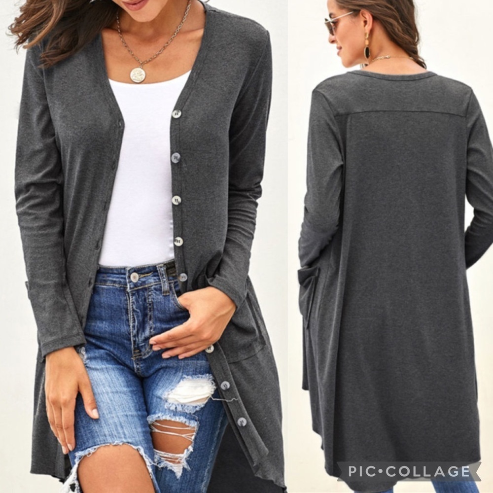 GRAY Selected Button Down Pocketed High Low Cardigan NEW